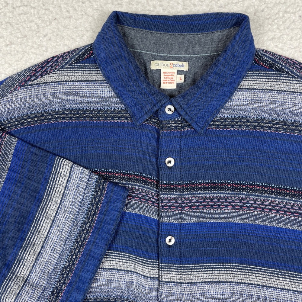 Carbon2Cobalt Button Down Shirt Mens Large Blue Striped Textured Short Sleeve